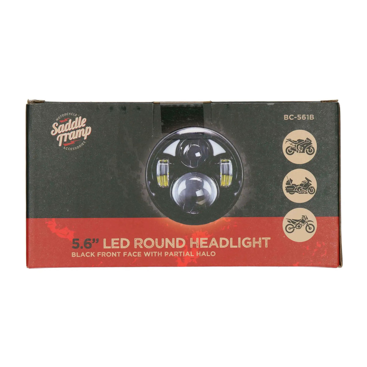 Saddle Tramp BC-561B retail box labeled 5.6-inch LED round headlight with partial halo