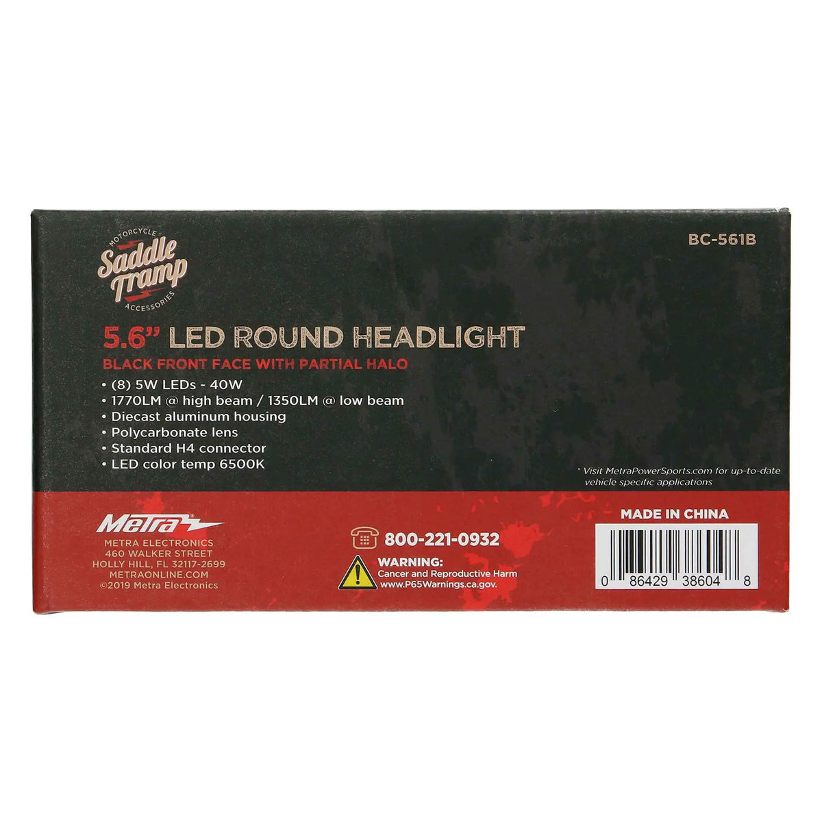 Saddle Tramp BC-561B package back listing a 5.6-inch LED headlight, high and low beams, and H4 connector