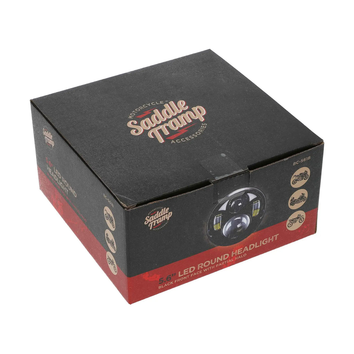 Angled view of the Saddle Tramp BC-561B LED headlight retail box
