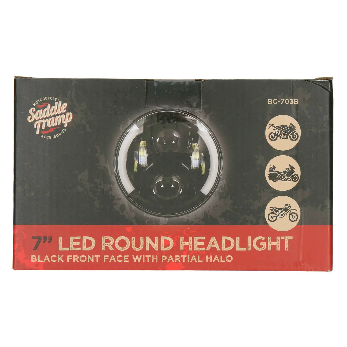 Saddle Tramp BC-703B packaging for a 7-inch black LED headlight with partial halo
