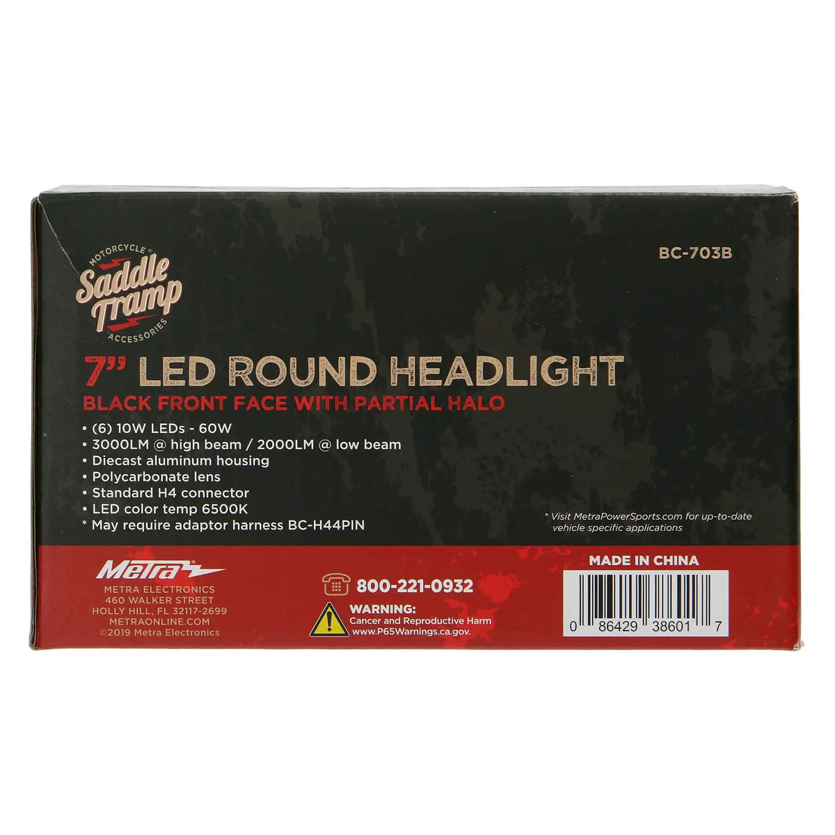 Saddle Tramp BC-703B package back listing LED headlight features and high- and low-beam light output