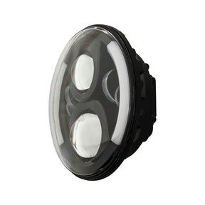 Angled round headlight with two projector lenses and a curved white accent strip