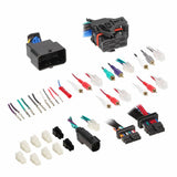 Audio harness connectors, color-coded RCA ends and small plug adapters arranged on white