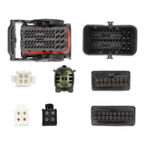Connector-face views of black and white multi-pin harness plugs, including a red-sealed locking connector