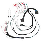 Black-sleeved audio wiring harnesses with multi-pin plugs, color-coded RCA leads and small connector adapters