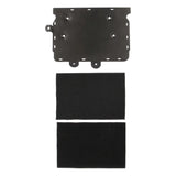 Black amplifier mounting plate with circular holes and two rectangular pads