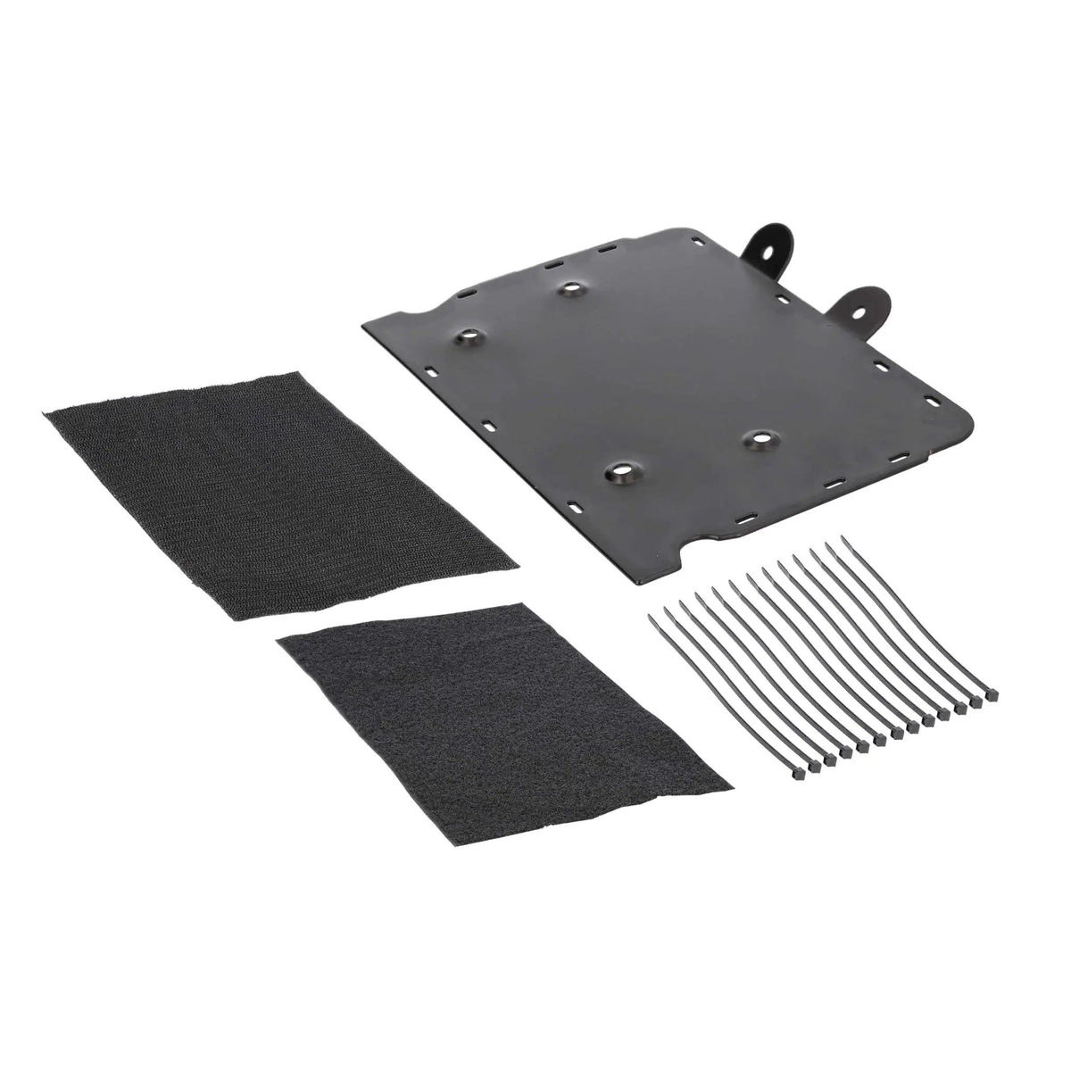 Angled amplifier mounting plate with two fabric pads and cable ties