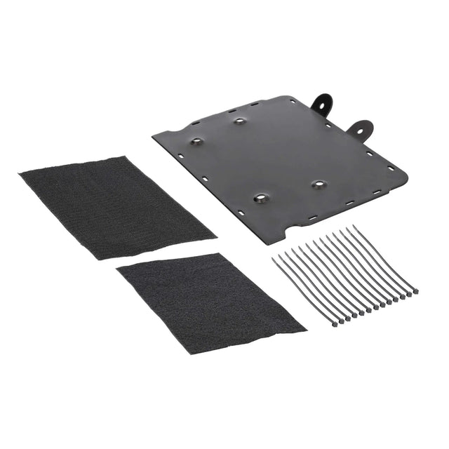 Angled amplifier mounting plate with two fabric pads and cable ties