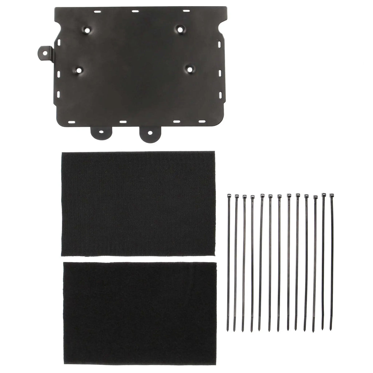 Flat layout of a black amplifier mounting plate, two fabric pads and cable ties