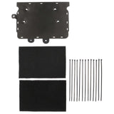 Flat layout of a black amplifier mounting plate, two fabric pads and cable ties