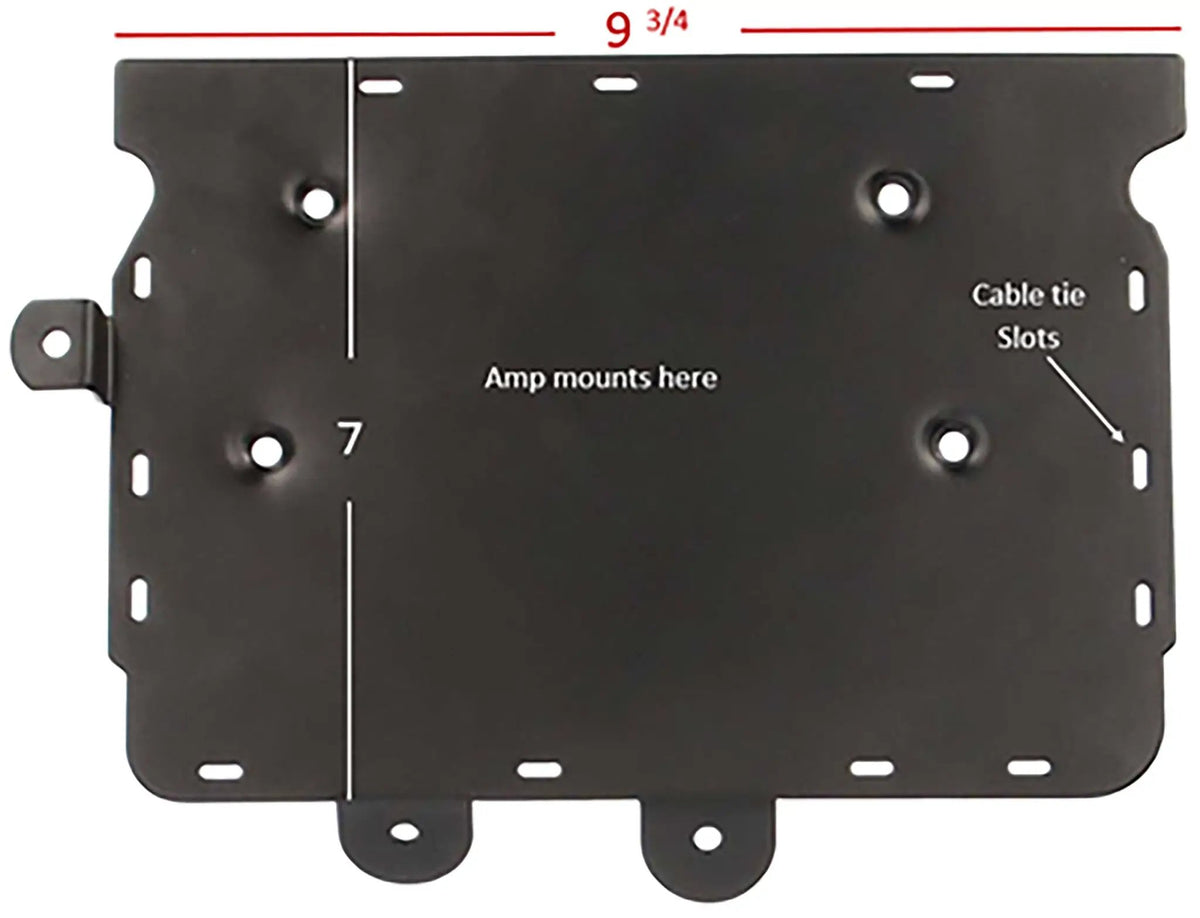 Amplifier mounting-plate diagram marking a 9¾-by-7-inch mounting area and cable-tie slots
