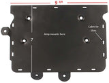 Amplifier mounting-plate diagram marking a 9¾-by-7-inch mounting area and cable-tie slots