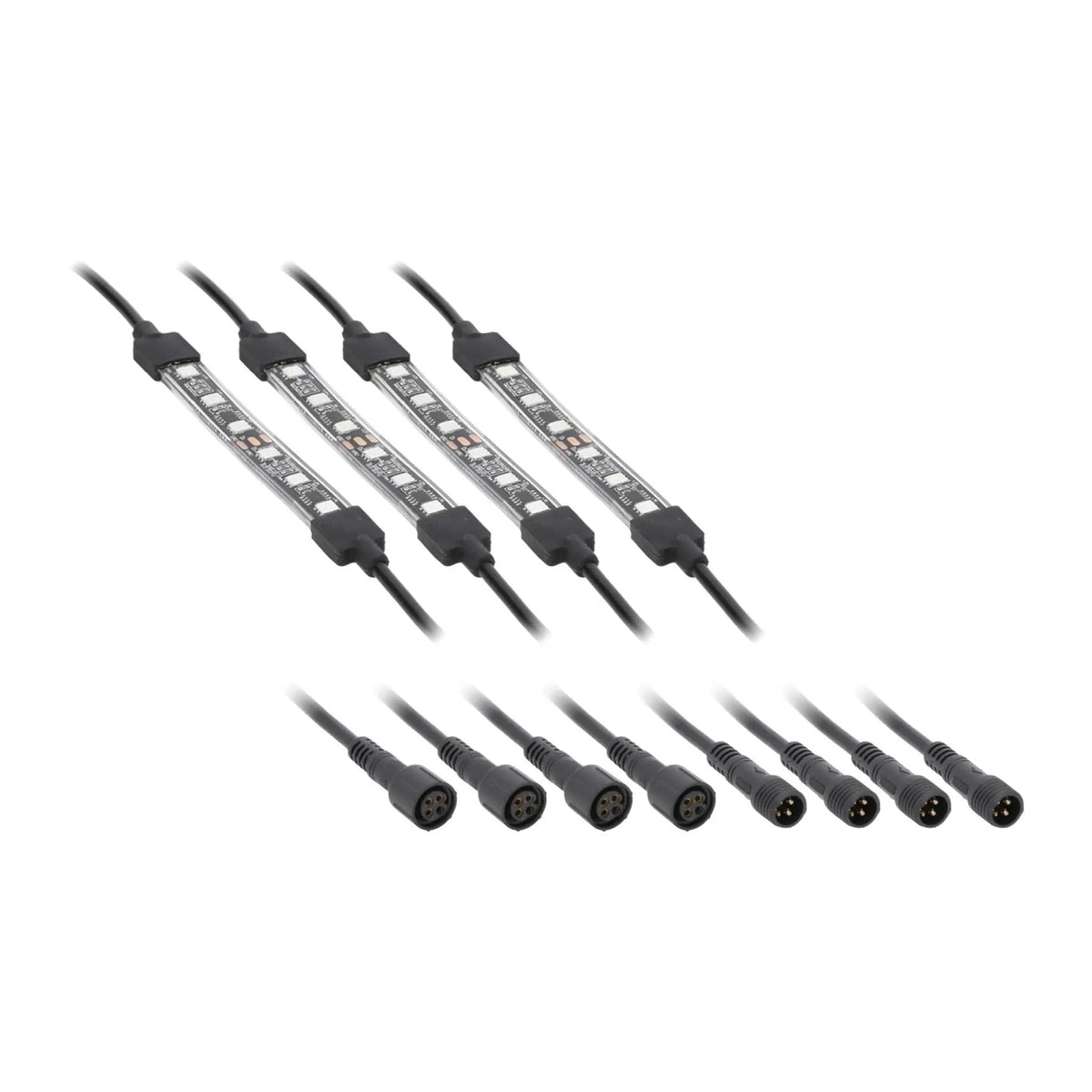 Four unlit LED light strips with connector extension leads