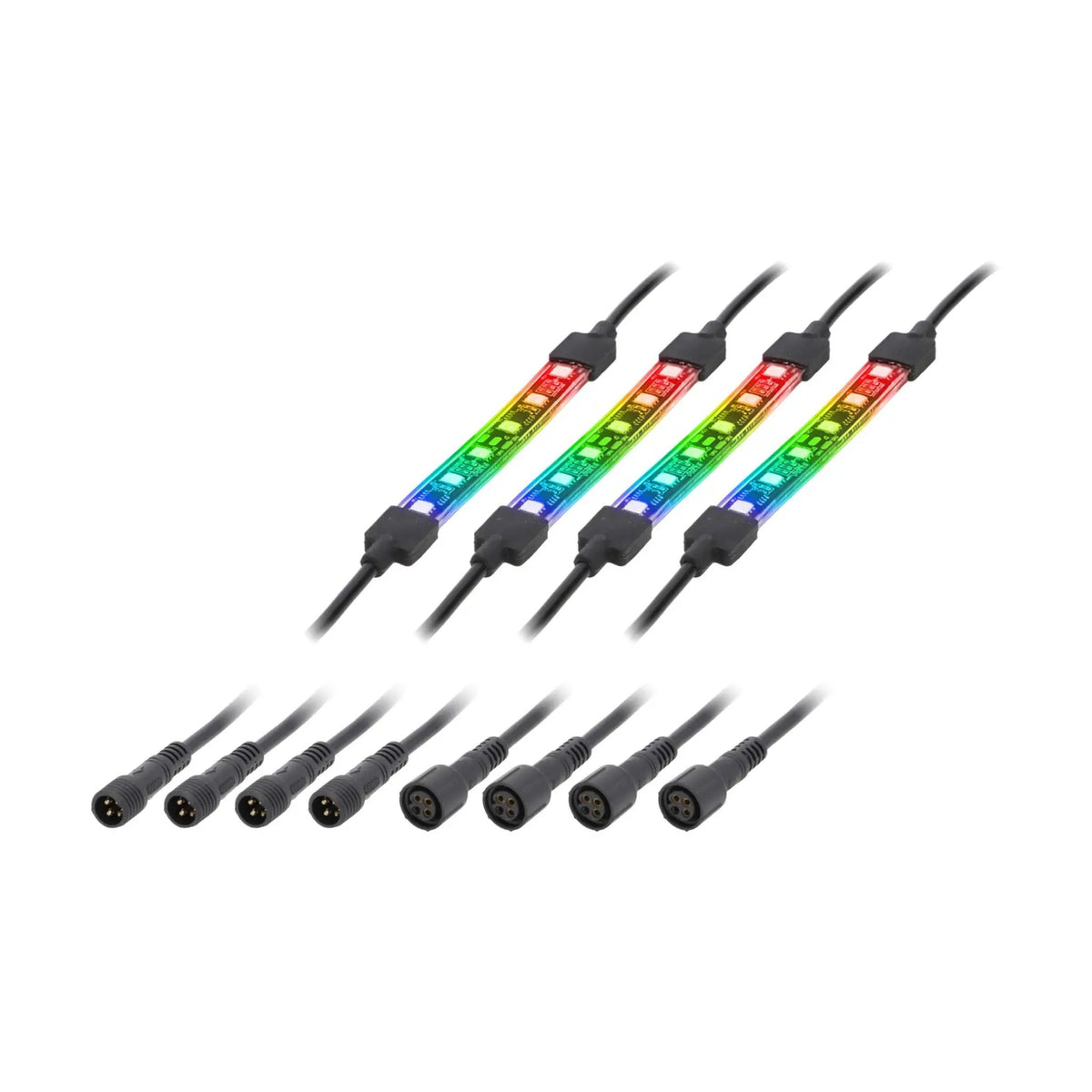 Four illuminated multicolor LED strips with connector extension leads