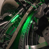 Green LED accent lighting installed along a motorcycle engine and frame