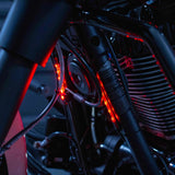 Red accent LEDs illuminating motorcycle engine components