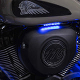 Blue LED strip illuminating the area below an Indian motorcycle fuel tank and above the engine cover
