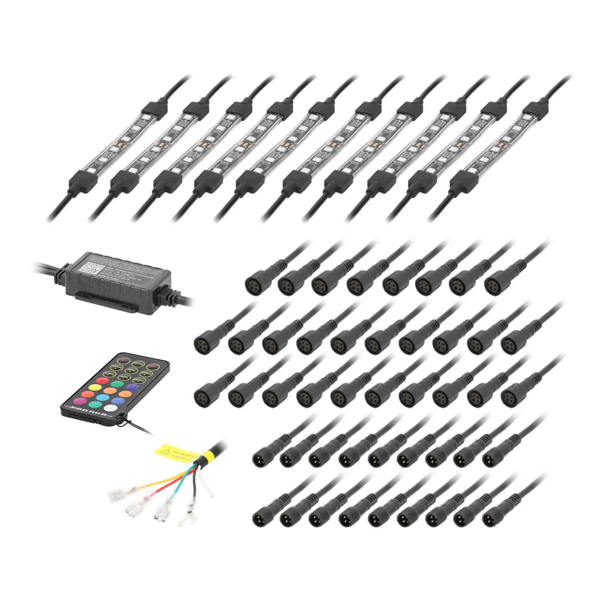 LED lighting kit with ten unlit strips, controller, remote and extension leads, alternate view