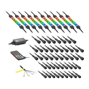 Multicolor LED lighting kit with ten light strips, controller, remote and extension wiring