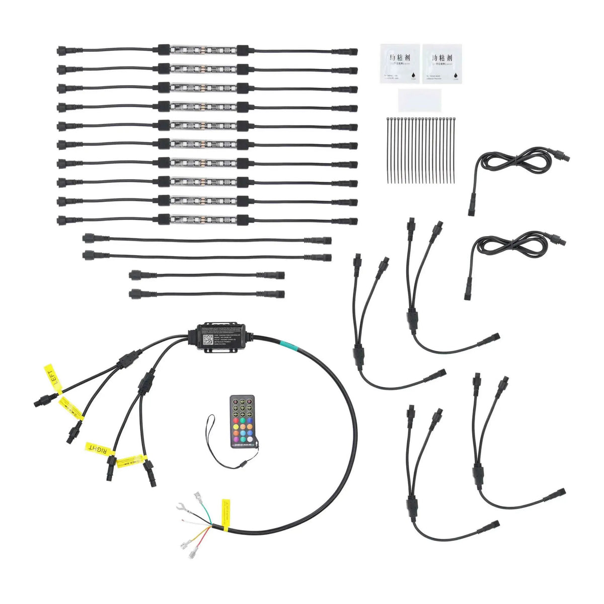 LED accent-light strips, controller, handheld remote, connector leads and cable ties arranged on white