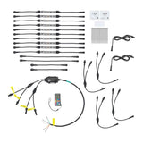 LED accent-light strips, controller, handheld remote, connector leads and cable ties arranged on white