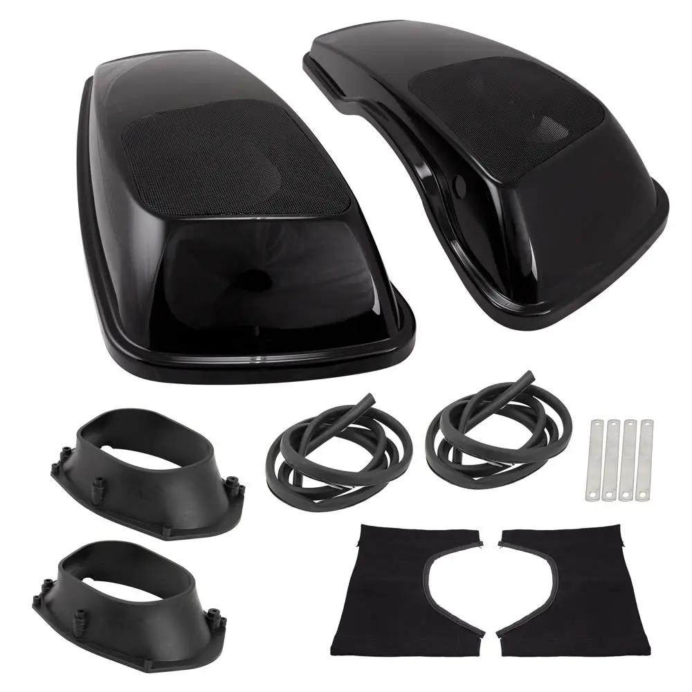 Pair of glossy black speaker saddlebag lids with mesh grilles, mounting rings, seals and hardware