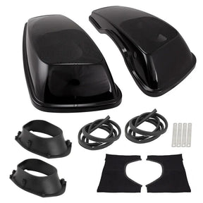 Pair of glossy black speaker saddlebag lids with mesh grilles, mounting rings, seals and hardware