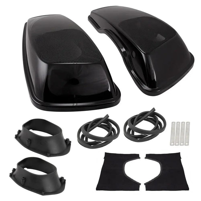 Pair of glossy black speaker saddlebag lids with mesh grilles, mounting rings, seals and hardware