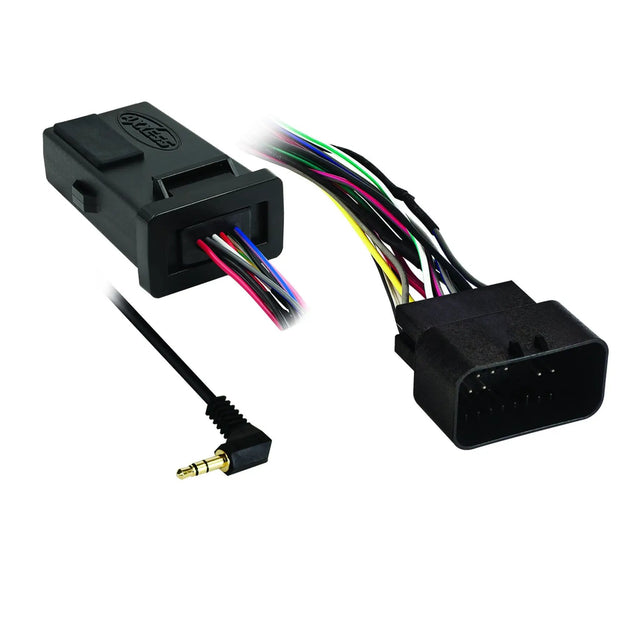 Black audio-control interface with a multi-pin wiring harness and right-angle audio plug