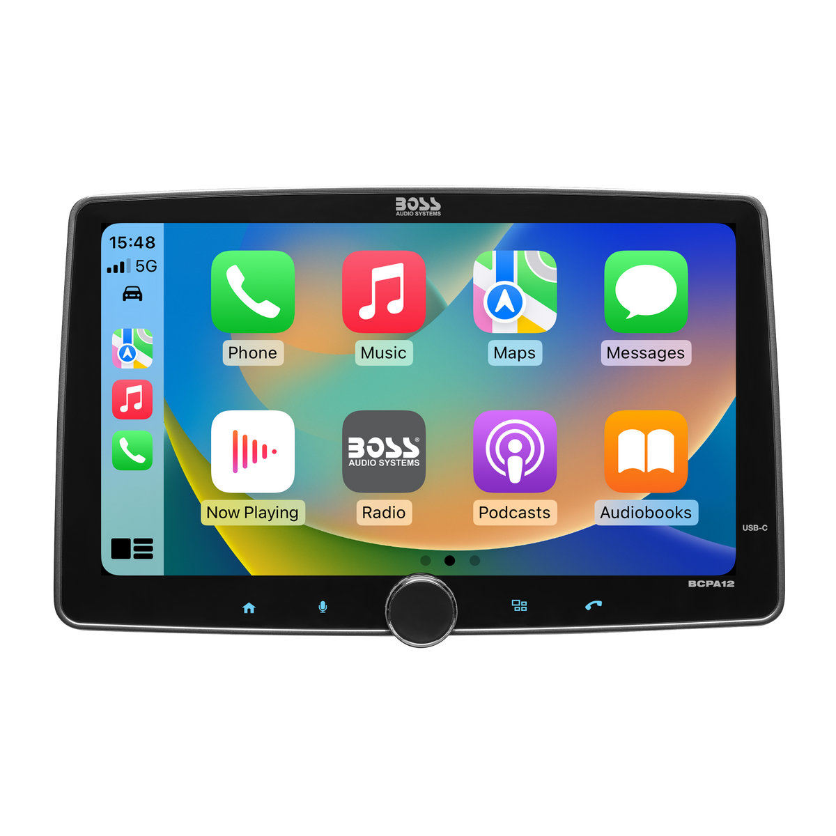BOSS BCPA12 12-inch touchscreen receiver showing the Apple CarPlay interface and volume knob