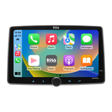 BOSS BCPA12 12-inch touchscreen receiver showing the Apple CarPlay interface and volume knob