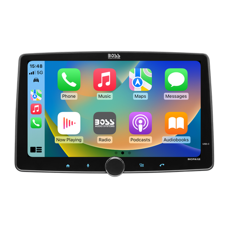 BOSS BCPA12 12-inch touchscreen receiver showing the Apple CarPlay interface and volume knob