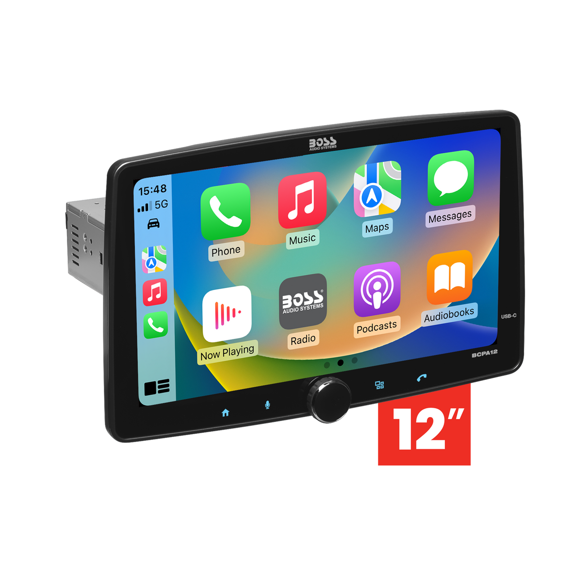 BOSS BCPA12 12-inch touchscreen car stereo with single-DIN chassis, angled front view