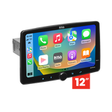 BOSS BCPA12 12-inch touchscreen car stereo with single-DIN chassis, angled front view