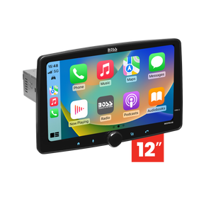 BOSS BCPA12 12-inch touchscreen car stereo with single-DIN chassis, angled front view