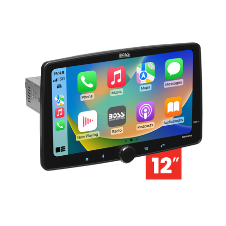 BOSS BCPA12 12-inch touchscreen car stereo with single-DIN chassis, angled front view