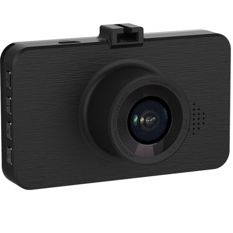 Black dash camera with a forward-facing lens and a mounting slot on top