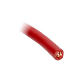 Close-up of a red T-Spec power cable end showing the stranded copper conductor inside the insulation