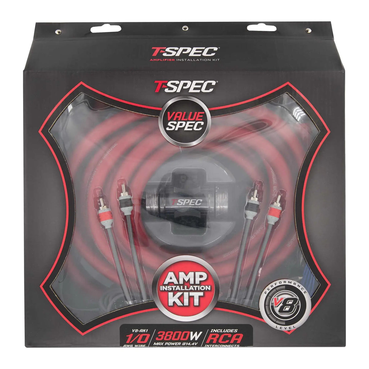 Front of the T-Spec V8-AK1 amplifier-wiring kit package showing cables, RCA plugs and the fuse holder through its clear window