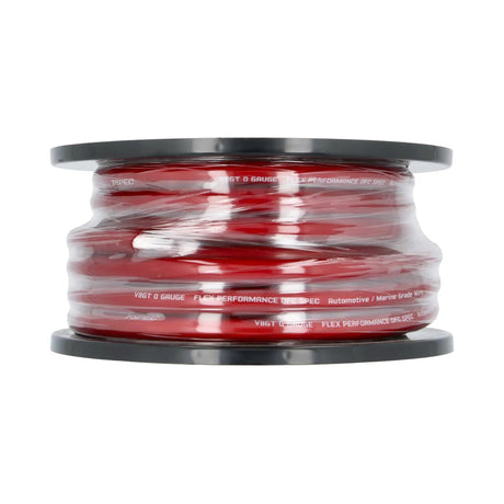 Side view of a red T-Spec power-wire spool wrapped in clear protective film