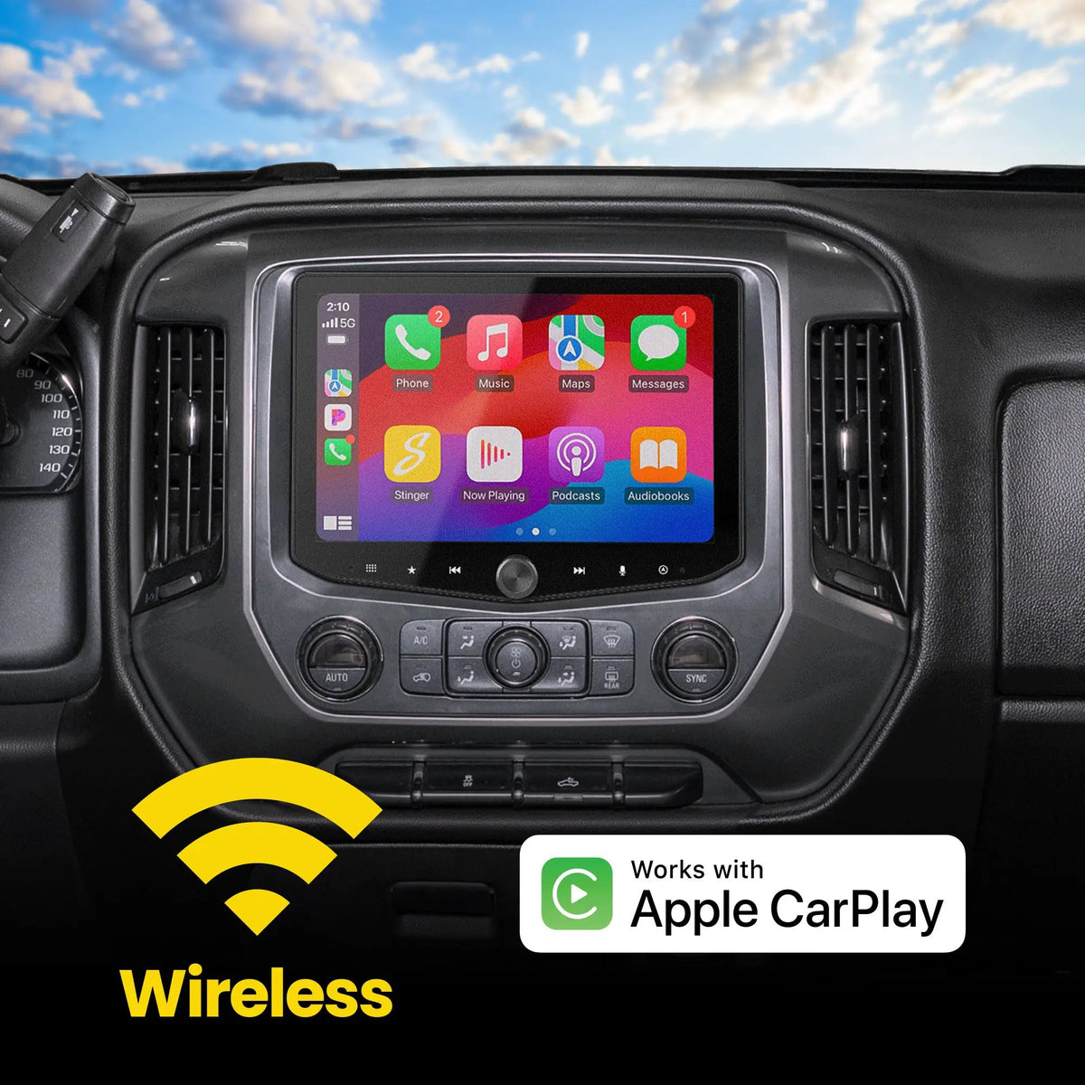 Stinger HORIZON10 installed in a Chevrolet Silverado/GMC Sierra dashboard showing the wireless Apple CarPlay app screen