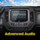 Installed Stinger touchscreen displaying equalizer sliders under an Advanced Audio heading