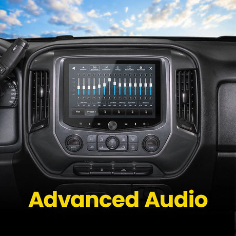 Installed Stinger touchscreen displaying equalizer sliders under an Advanced Audio heading