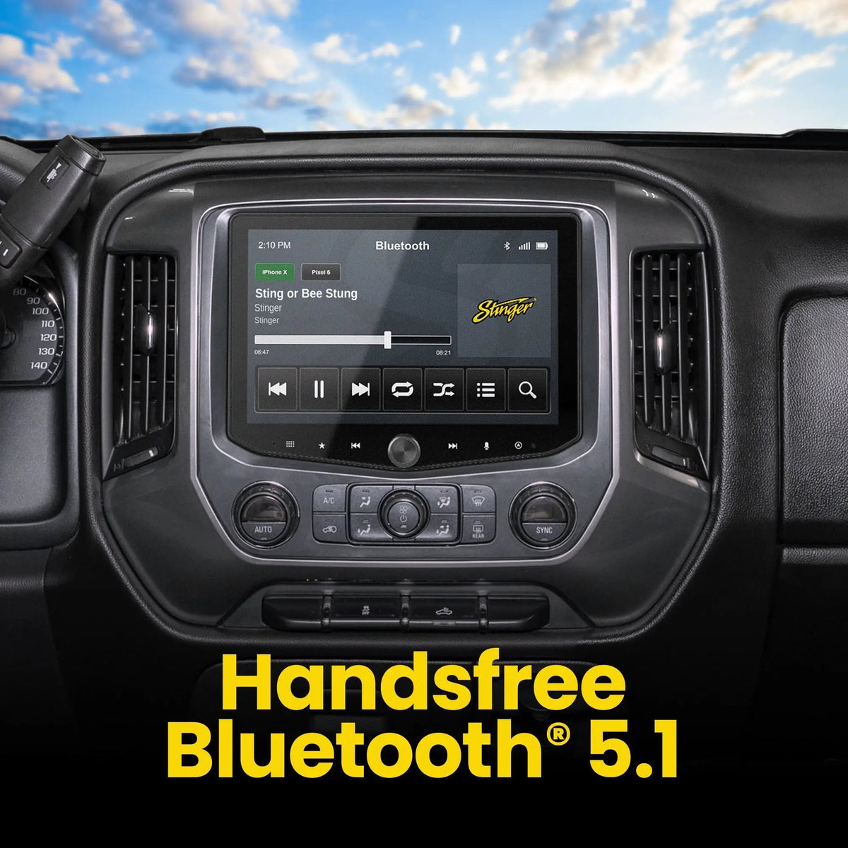 Stinger dashboard touchscreen showing music playback in a graphic advertising hands-free Bluetooth 5.1