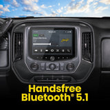 Stinger dashboard touchscreen showing music playback in a graphic advertising hands-free Bluetooth 5.1