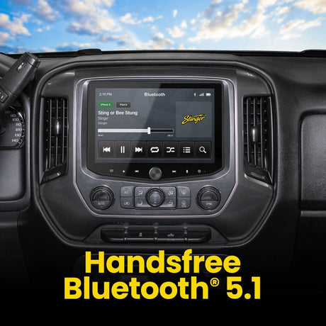 Stinger dashboard touchscreen showing music playback in a graphic advertising hands-free Bluetooth 5.1