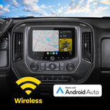 Dashboard-mounted Stinger touchscreen showing maps and music, with a graphic advertising wireless Android Auto