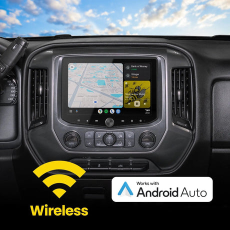 Dashboard-mounted Stinger touchscreen showing maps and music, with a graphic advertising wireless Android Auto