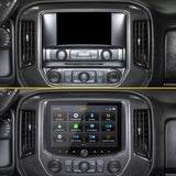 Before-and-after dashboard comparison showing the factory radio replaced by a Stinger touchscreen with its source-selection menu