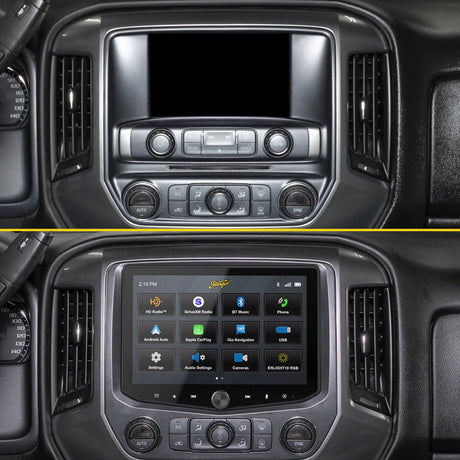 Before-and-after dashboard comparison showing the factory radio replaced by a Stinger touchscreen with its source-selection menu
